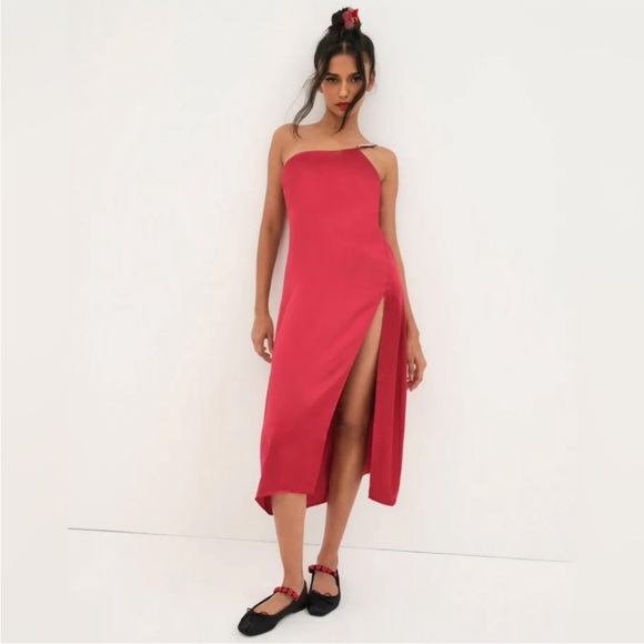 For Love & Lemons Elora Midi Dress Dark Red Satin Size XL NWT Rhinestone - Picture 2 of 16